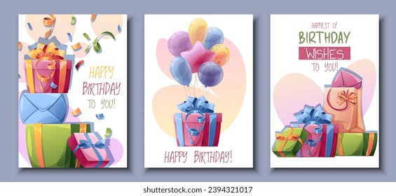 Set birthday greeting card design. Banner, flyer template with colorful balloons, a bunch of gifts, confetti and serpentine. Happy birthday Invitation design for holiday, anniversary, party.