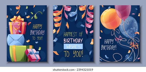 Set birthday greeting card design. Banner, flyer template with colorful balloons, a bunch of gifts, confetti and serpentine. Happy birthday Invitation design for holiday, anniversary, party