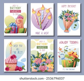 Definir design do cartão de saudação de aniversário. Banner, modelo de folheto com um buquê de flores, velas, bolo, presentes. Feliz aniversário. Design de convites para férias, aniversário, festa