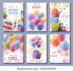 Establecer diseño de tarjeta de felicitación de cumpleaños. Anuncio, Plantilla de volante con globos de colores, regalo, confeti y serpentina. Feliz cumpleaños. Diseño de invitación para vacaciones, aniversario, fiesta.