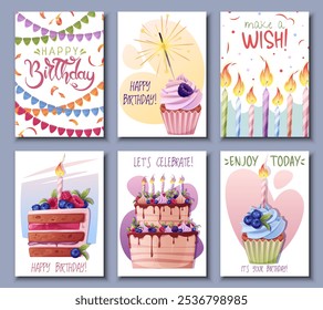 Establecer diseño de tarjeta de felicitación de cumpleaños. Anuncio, flyer Plantilla con cupcake, pastel, velas, banderas, guirnalda, regalos. Feliz cumpleaños. Diseño de la invitación para el día de fiesta, aniversario, partido