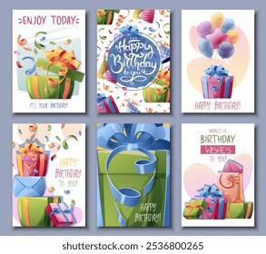 Set birthday greeting card design. Banner, flyer template with gift boxes, confetti and serpentine. Happy birthday. Invitation design for holiday, anniversary, party