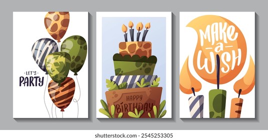 Set of Birthday greeting card with  jungle animals patterns. Cake, candles, balloons. Vector illustration.