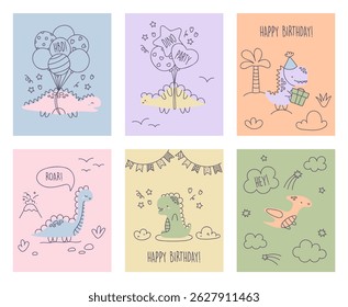 Set of birthday greeting cards with animals, monsters. Set of posters with cute dinosaurs. Kawaii dino prints set with happy birthday. Cards with dinosaurs and lettering. Scandinavian prints for baby