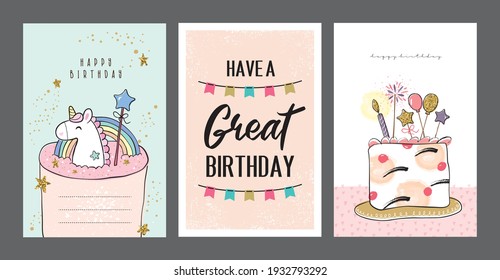 Set of birthday greeting cards with beautiful and lovely cakes