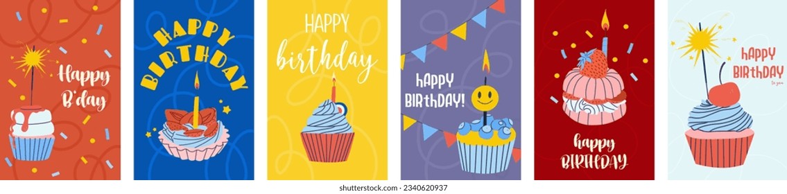 Un conjunto de tarjetas de felicitación de cumpleaños con hermosas y pasteles. Invitaciones de la fiesta. Ilustración del vector