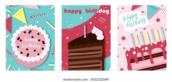 Set of Birthday greeting cards with cake, gift box, balloons. Holliday, party, vacation, happy birthday. Vector templates for card, poster, flyer, banner and other