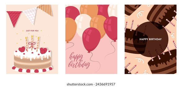 Set of Birthday greeting cards with cake, gift box, balloons. Holliday, party, vacation, happy birthday. Vector templates for card, poster, flyer, banner and other
