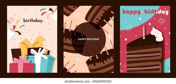 Set of Birthday greeting cards with cake, gift box, balloons. Holliday, party, vacation, happy birthday. Vector templates for card, poster, flyer, banner and other