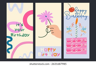 Set of birthday greeting cards with cake, candle, flower, abstract colorful shape. Holiday and party celebration. Cartoon doodle vector illustration