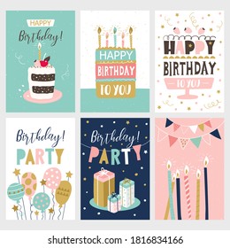 Set of birthday greeting cards with cakes
