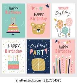 Set of birthday greeting cards with cakes

