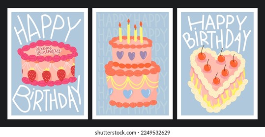 Set of birthday greeting cards with cakes. Vector poster card for congratulations