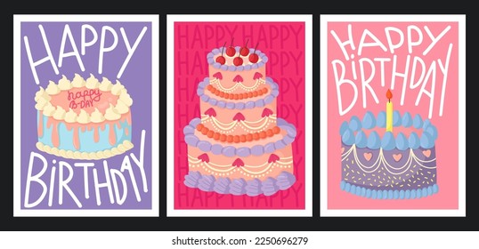 Set of birthday greeting cards with cakes. Vector poster card for congratulations