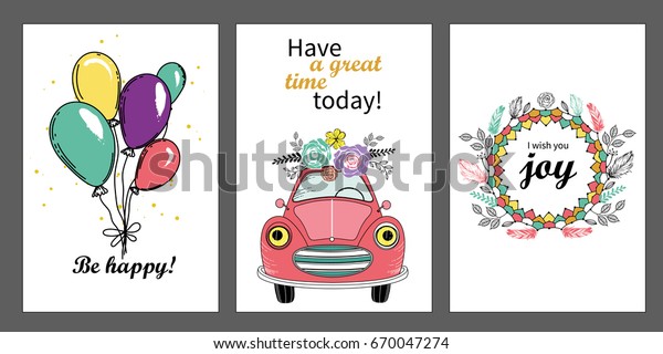 A set of
birthday greeting cards. Greeting card templates with a car,
flowers and 
balloons. Wedding
invitations.