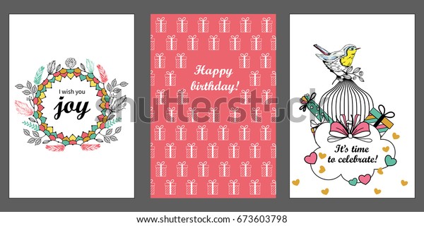 A set of birthday greeting cards.\
Greeting card templates with  a car, flowers and\
frame.