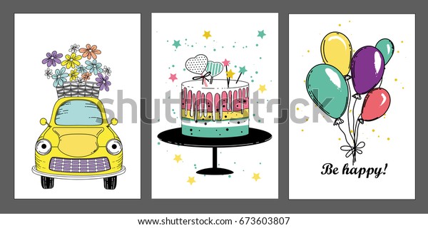 A set of\
birthday greeting cards. Greeting card templates with a car, cake\
and \
balloons. Wedding\
invitations.