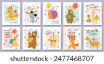 Set of Birthday greeting cards with cute cartoon character animals and colorful confetti background.