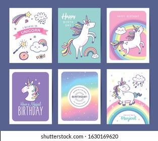 Set of birthday greeting cards with cute unicorns, rainbow and magical elements