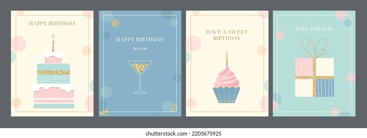 Set of birthday greeting cards. Cute congratulation posters with cake, glass of champagne, gift and cupcake with candle. Design elements for holiday. Cartoon flat vector collection isolated on gray