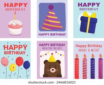Set of birthday greeting cards with cute illustration