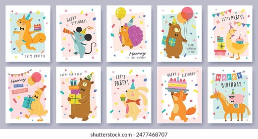 Set of Birthday greeting cards with cute cartoon character animals and colorful confetti background.