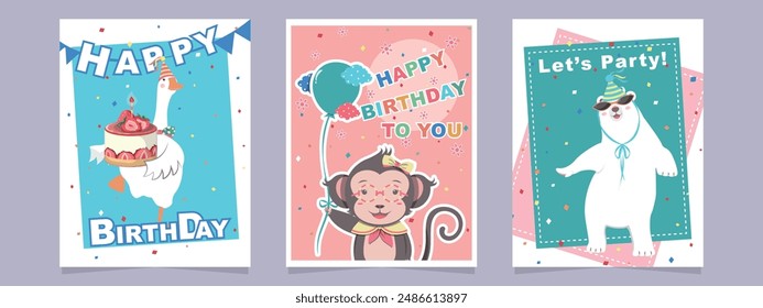 Set of Birthday greeting cards with cute cartoon goose, monkey, polar bear, balloon, strawberry cakes and colorful confetti.