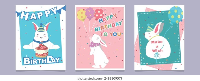 Set of Birthday greeting cards with cute bunny, strawberry cake, balloon, flowers and colorful confetti.