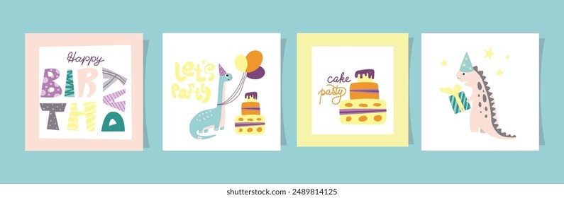 Set of Birthday greeting cards with cute cartoon dino, cake and colorful and painted stylized letters of Birthday lettering. Vector illustration