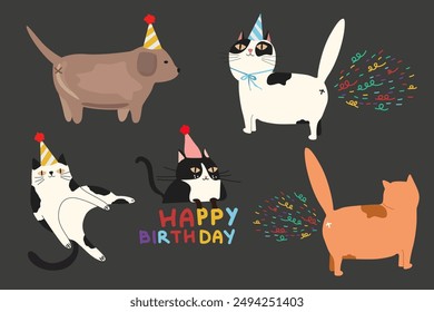 Set of Birthday greeting cards with cute cartoon character animals and colorful confetti background. Adorable playful cats and dog in festive hats. Furry human friends home animals. 