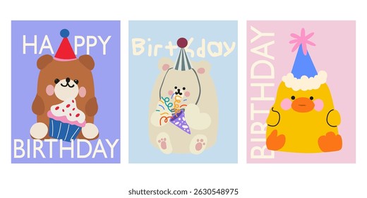 Set of Birthday greeting cards with cute little bear, duck, cakes, colorful confetti. Birthday party funny cartoon animals character illustration. Vector illustration for invitation, poster, postcard