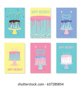 Set of birthday greeting cards with decorated cakes. Vector illustration