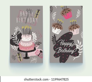 Set of birthday greeting cards design. Vector hand drawn illustration. Vector EPS 10