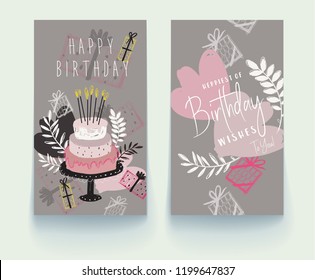 Set of birthday greeting cards design. Vector hand drawn illustration. Vector EPS 10