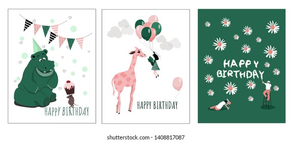 Set of birthday greeting cards design. Greeting card,  vector illustration, pink, green, with flowers, cute animals, balloons.  Vector illustration.