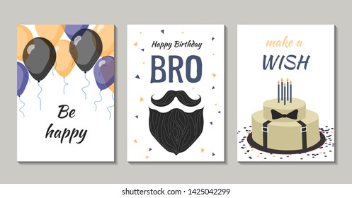 Set Of Birthday Greeting Cards Design For Man. There Are Balloons, Cake With Candles, Confetti, Man's Beard And Mustache.