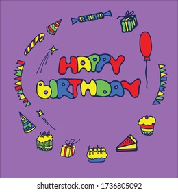 Set of Birthday Greeting Cards Design. Hand Drawn Style.