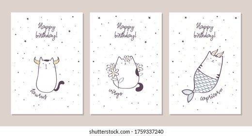 Set of birthday greeting cards design with cute cartoon zodiac cats. Earth zodiacal signs: Taurus, Virgo, Capricorn. Vector illustration