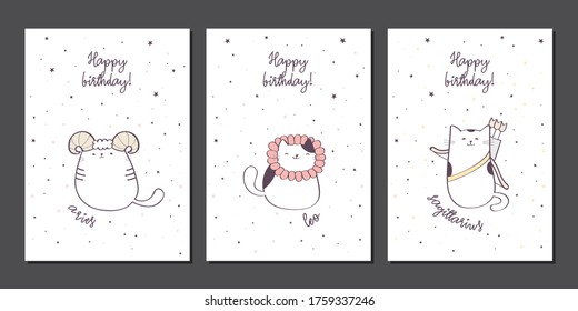 Set of birthday greeting cards design with cute cartoon zodiac cats, Fire zodiacal signs: Aries, Leo, Sagittarius. Vector illustration