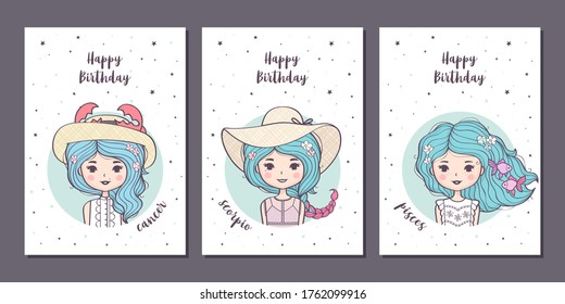 Set of birthday greeting cards design with cute cartoon zodiac girls. Water zodiacal signs: Cancer, Scorpio, Pisces. Vector illustration