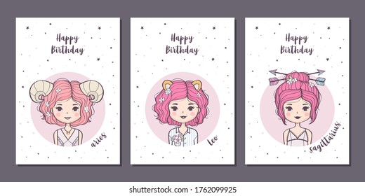 Set of birthday greeting cards design with cute cartoon zodiac girls. Fire zodiacal signs: Aries, Leo, Sagittarius. Vector illustration