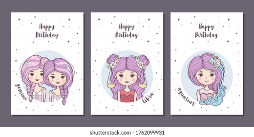 Set of birthday greeting cards design with cute cartoon zodiac girls. Air zodiacal signs: Gemini, Libra, Aquarius. Vector illustration