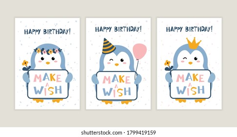 Set of birthday greeting cards design. Fun festive postcard with cute penguin and hand drawn lettering