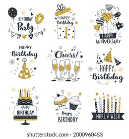 Set of birthday greeting cards design, black and gold colors, hand drawn style