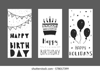 Set of birthday greeting cards design. Hand-drawn ink graphics.