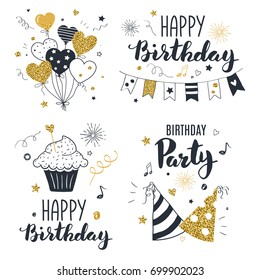 Set of birthday greeting cards design, black and gold colors, hand drawn style