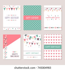 Set of birthday greeting cards design. Bunting flags, stars and circles and other decorative elements. Celebration background collection. Cute patterns and ornaments.