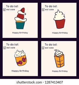 Set of birthday greeting cards. Doodle style collection of cakes. Sweets and pastries. Vector illustration.