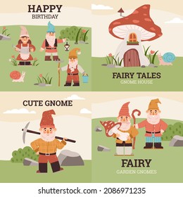 Set of birthday greeting cards with fairy garden gnomes in flat vector illustration. Male, female cartoon characters magical elfs with garden tools, mushrooms on nature background