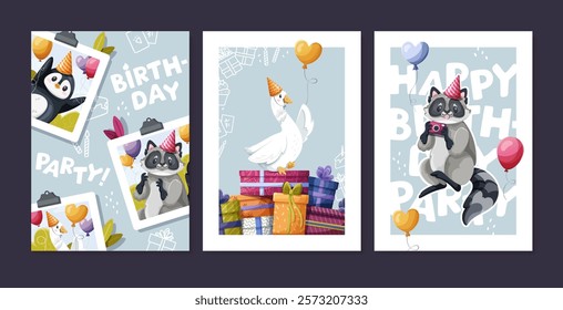 Set of birthday greeting cards featuring animals, gifts, and air balloons, with a colorful cute penguin, goose, and raccoon, vector illustration on a dark background